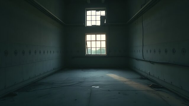 oligarchy. Urban ruin at dusk with soft light through a broken window onto a dusty floor. real-estate listings.