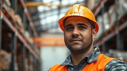 bluecollar. Focused warehouse worker with a determined gaze, industrial surroundings gently out of focus. safety posters.