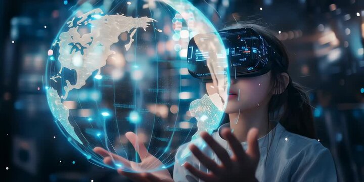 A kid girl learns online using futuristic technology. The concept of the integration of advanced digital tools in education, and learning experiences for the future generation. Generative AI.