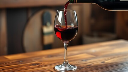 tannin. Elegant still life of red wine pouring into a glass on a rustic wooden table with warm tones. bar promotions, beverage menus, designed for product packaging and bar promotions.