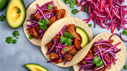 carnitas. Overhead view of authentic Mexican street tacos with pork carnitas, avocado, and vibrant garnishes. menu design.