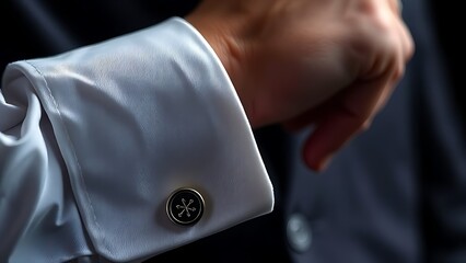 cufflink. Extreme close-up of a sophisticated cufflink on a crisp white shirt cuff. lifestyle magazines, social media lookbooks, designed for influencer and brand collaborations.