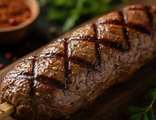 A close-up shot of a perfectly grilled entrecote kebab, its surface glistening with delicious sauces and delicate, appetizing char marks, extremely detailed and realistic.