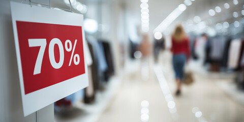 Red 70 percent discount sign hanging in modern retail store during shopping season, catching customer attention