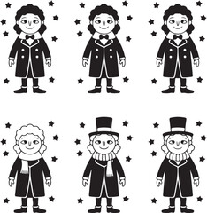 cartoon people in coats and hats with stars around them standing