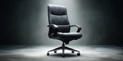 Black executive chair spotlighted in an empty, dark room, symbolizing leadership, power, and a vacant position