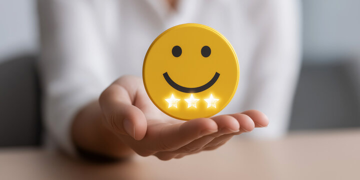 Hand presenting smiling emoji with three glowing stars symbolizing positive customer rating and service feedback