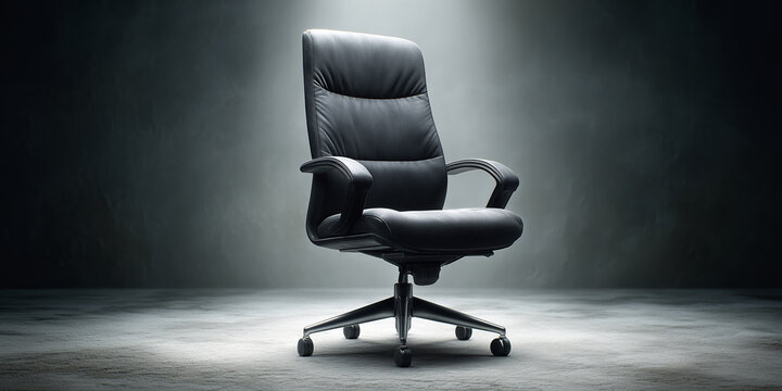 Black executive chair spotlighted in an empty, dark room, symbolizing leadership, power, and a vacant position