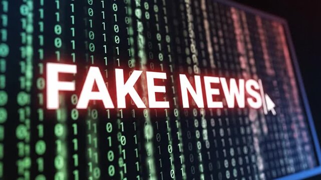 Fake News Digital Concept With Binary Code and Warning Text Overlay