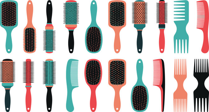 Hairbrushes and combs vector set with paddle, round, vent, and teasing designs for styling and grooming use