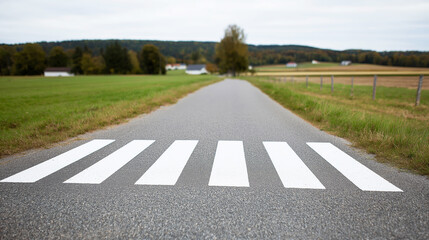 Obraz premium Crosswalk on rural asphalt road representing pedestrian safety, urban planning, and connection with nature