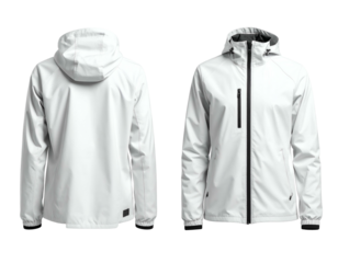 White hooded jacket, front and back views, lightweight, casual