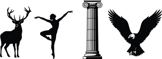 Silhouette fusion, deer antlers, ballet dancer, Greek column, eagle flying, leafless tree, cityscape skyline, black vector, contrast, culture © Habiba