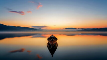 Tranquil Sunrise Over Calm Lake With Wooden Boat Misty Mountains and Reflective Water.jpg