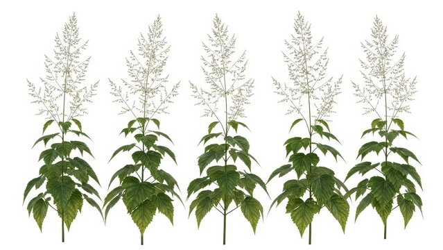 Five Tall Meadowsweet Plants, Isolated on White Background, Botanical Illustration
