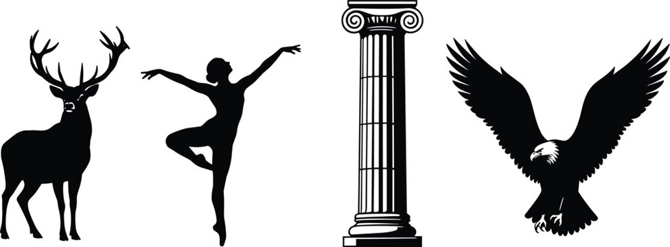 Silhouette fusion, deer antlers, ballet dancer, Greek column, eagle flying, leafless tree, cityscape skyline, black vector, contrast, culture