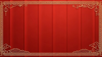 Elegant red backdrop with golden ornate frame and traditional lanterns