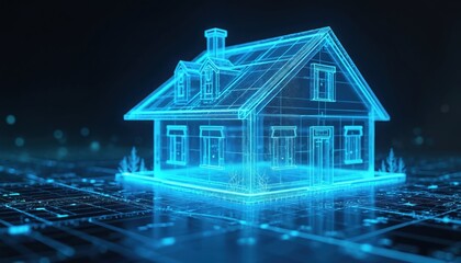 Futuristic blue wireframe house hologram displays on digital blueprint. Innovative architecture design shows construction plan, real estate project. Smart home concept.