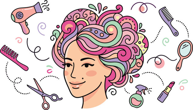 Colorful hairstyling and beauty vector design with woman&rsquo;s head, vibrant hair, and salon tools for fashion use