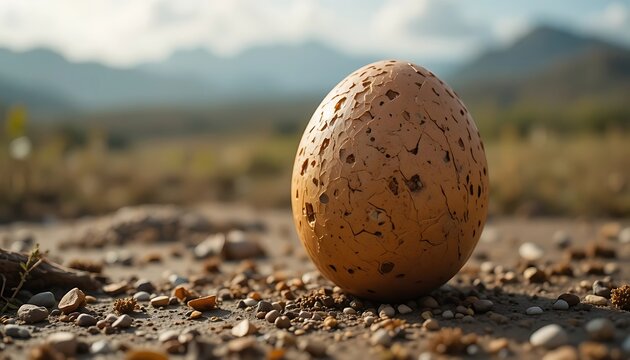 Close-up of a large textured brown egg with a cracked and porous shell resting on a dry stony ground with mountains in the background, concept of wildlife, birth, or prehistoric discovery.