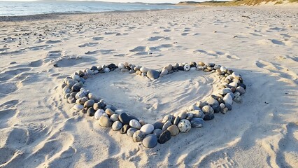 heart made of stones on sandy beach by the ocean shore  romantic gesture