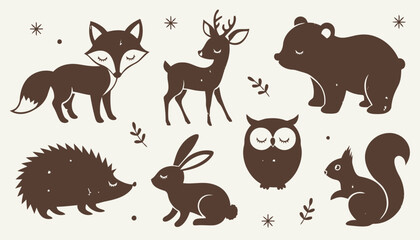 Whimsical forest animals in brown silhouettes on cream background