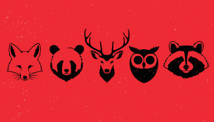 Black silhouettes of various animal faces on red background