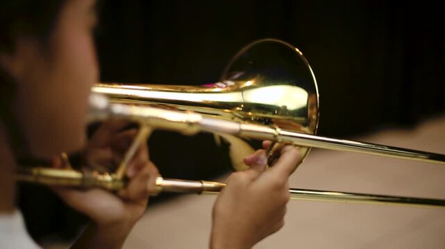 Close Up of Musician Playing Trombone