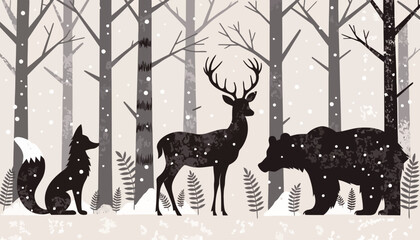 Snowy forest scene with majestic animals in silhouette