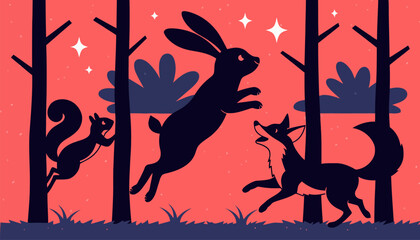 Whimsical forest scene with rabbit, fox, and squirrel playing together