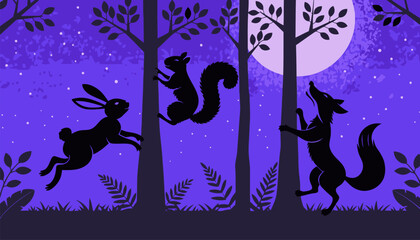 Midnight forest scene with silhouetted animals under moonlight