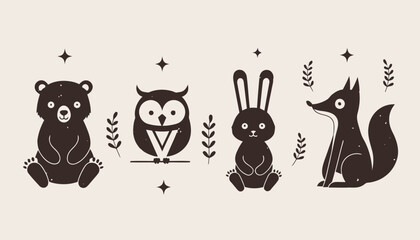 Whimsical forest animals in minimalist style for design