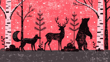 Magical forest scene with fox, deer, and bear under snowfall