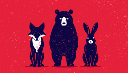 Dark blue bear, fox and rabbit standing on red background