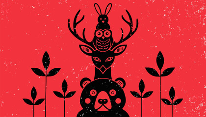 Whimsical forest creatures in modern illustration style