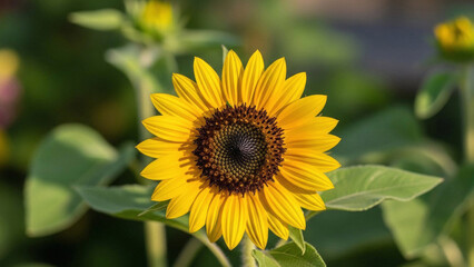 Obraz premium Sunflower Close-up in Garden with Green Leaves.