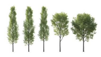 Deciduous Trees Set Isolated on White, Various Foliage, Green Leaves, 3D Illustration