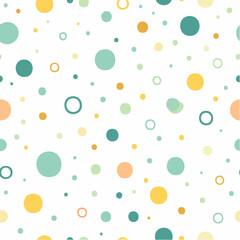 Whimsical White Background Seamless Pattern of Scattered Pastel Polka Dots and Rings in Yellow Green Peach and Teal Accents with Soft Lighting and Playful Abstract Design Elements Perfect for Textile