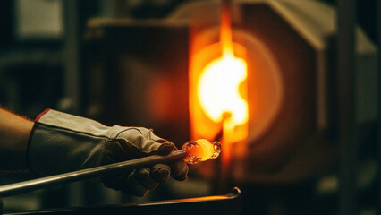 Glassblowing Process with Molten Glass in Furnace.