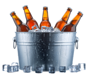 Bottles of beer in a metal bucket with ice isolated on transparent background