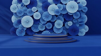 Elegant blue podium with decorative paper fans background for product display