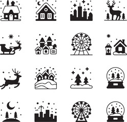 Black silhouettes of winter holiday icons and symbols on white background