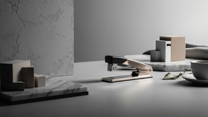 Modern Office Desk with Stationery Supplies.