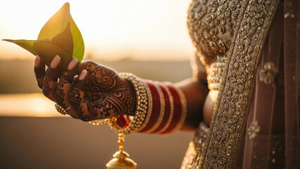 Indian Woman Holding Golden Leaf Ornament.
