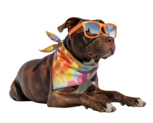 Dog wearing sunglasses and colorful bandana isolated on transparent background
