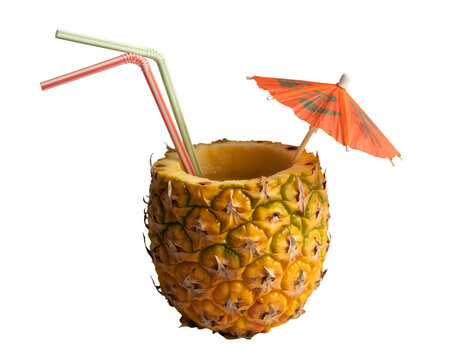 Pineapple cocktail with umbrella and straws isolated on transparent background