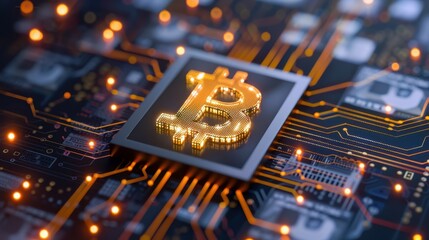Glowing Bitcoin Symbol on Circuit Board Illustration Representing Digital Currency and Blockchain Technology Innovations