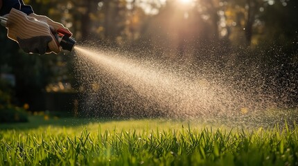 A person in protective gloves sprays a garden using a handheld sprayer, created with generative ai