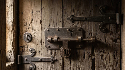 Old wooden door with metal hinges and lock.