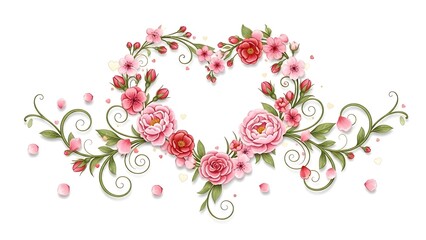 Beautiful floral arrangement forming a heart shape composed of pink and red roses and delicate blossoms with curling vine accents